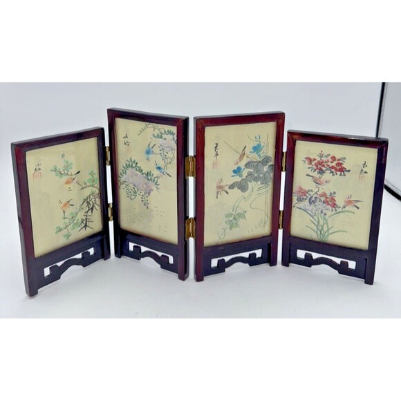 Vintage Mini Table Top Chinese Four Panel Screen 2 Sided Hand Painted 6.6”x14.5” - Picture 1 of 16